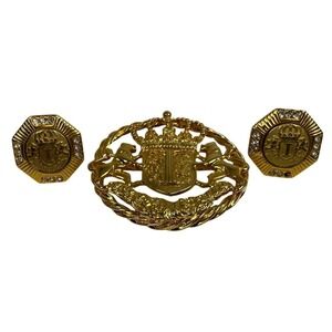 Vintage IVANA TRUMP Family Crest Gold Tone Brooch Lapel Pin & Matching Earrings